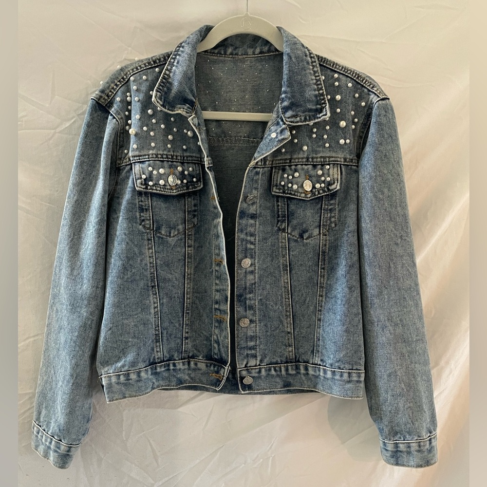 Bridal Mrs. Jones Denim Jacket with Pearl Embellishments& Mrs.Jones Pajama Dress